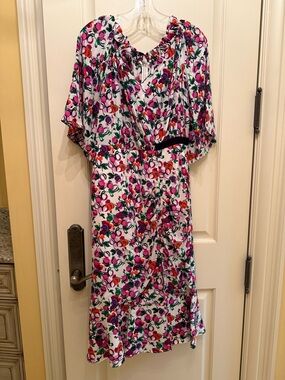 SALONI White Floral Silk Midi Dress with Pink & Purple Blossoms